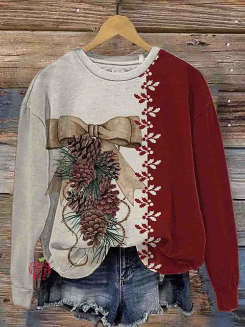 Women's Round Neck Christmas Pattern Stitching Print Casual Long Sleeve Sweatshirt