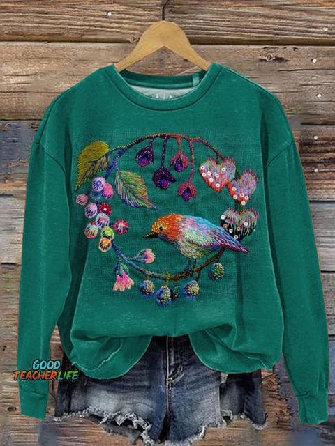 Embroidery Spring Bird And Floral Art Printed Casual Sweatshirt