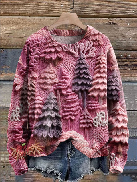 Pink Christmas Tree Print Knit Pullover Sweater