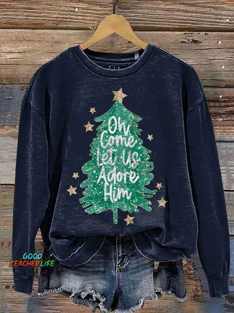 Oh Come Let Us Adore Him Christmas Casual Print Sweatshirt
