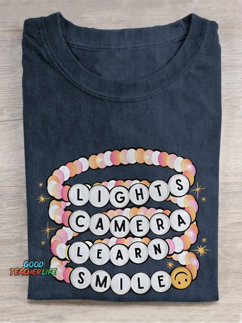 Lights Camera Teach Smile Teacher Groovy Casual Print T-shirt