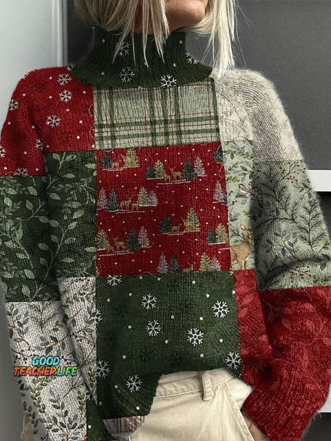 Retro Christmas Patchwork Print Knit Turtleneck Pullover Sweater
