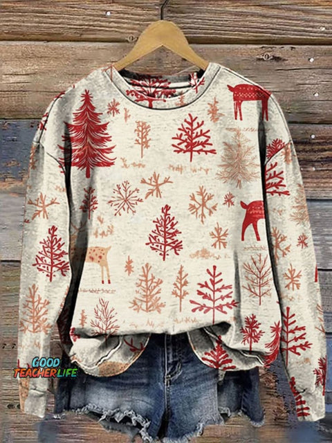 Red Reindeer & Christmas Trees Cozy Retro Christmas Print Casual  Sweatshirt