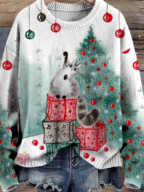 Cute Cat Christmas Art Print Knit Pullover Sweater