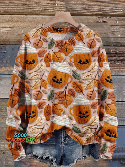 Pumpkin Autumn Season Halloween Art Print Knit Pullover Sweater