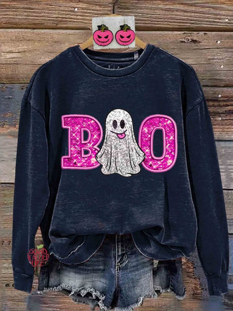 Retro Glitter Halloween Boo Print Sweatshirt