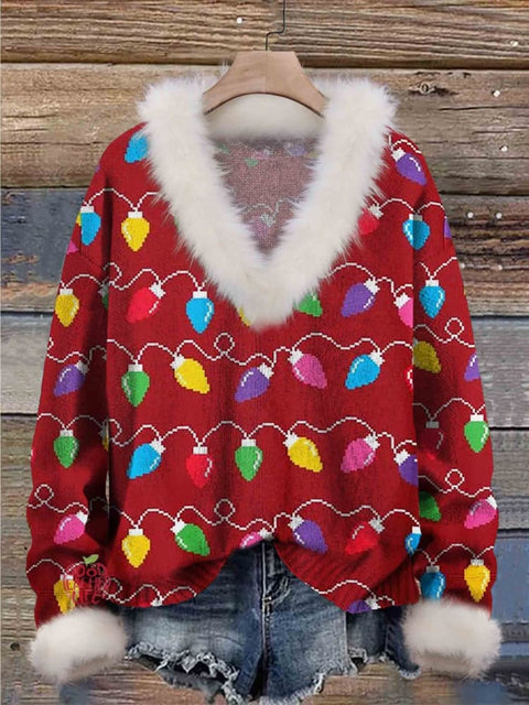 Christmas Lights Print Knit Pullover Fur Collar Sweater