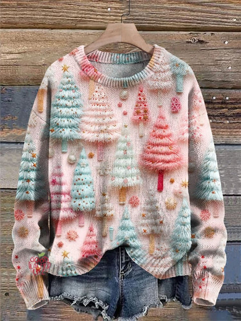 Pink Christmas Tree Winter Christmas Print Knit Pullover Sweater