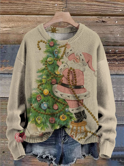 Christmas Tree Santa Claus Print Knit Pullover Sweater