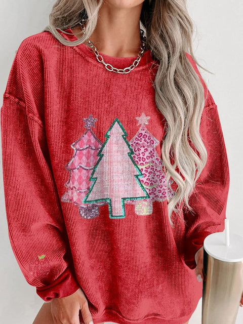 Cute Christmas Tree Women's  Casual Print Corduroy Sweatshirt