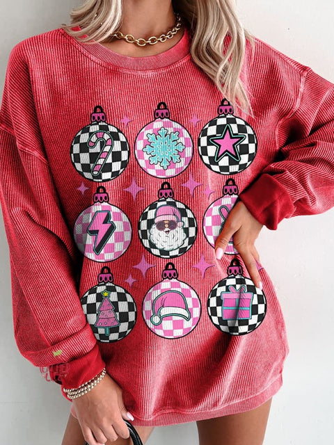 Groovy Christmas Pink Checkered  Women's  Casual Print Corduroy Sweatshirt