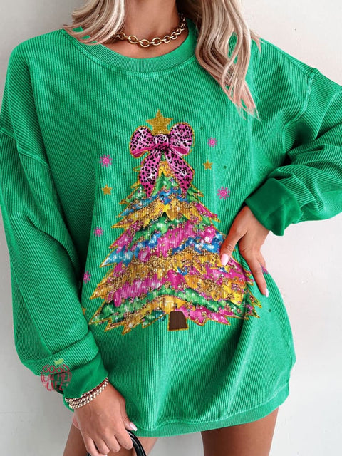 Women's Christmas Colorful Coquette Glitter Christmas Tree Casual Print Sweatshirt