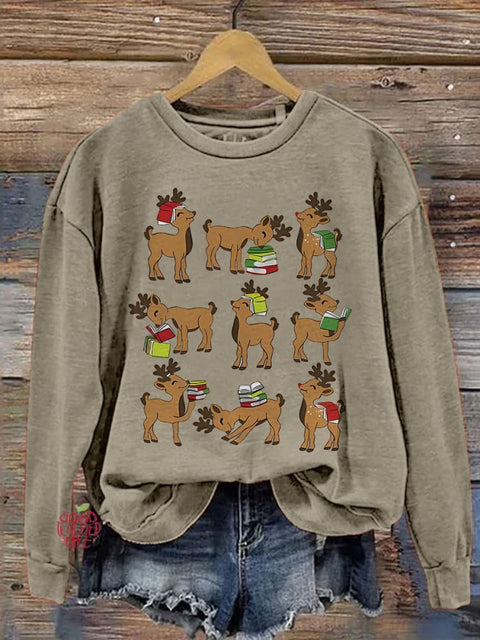 Reindeer Reading Teacher Christmas Book Lover Reading Teacher Casual Print Sweatshirt