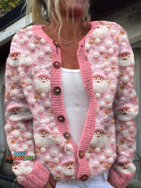 Christmas Santa Claus Pink Print Buttoned Cardigan Sweater
