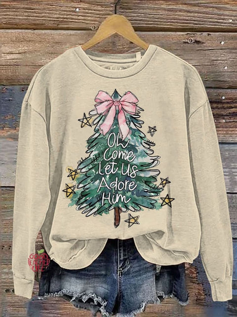 Oh Come Let Us Adore Him Jesus Christmas Casual Print Sweatshirt