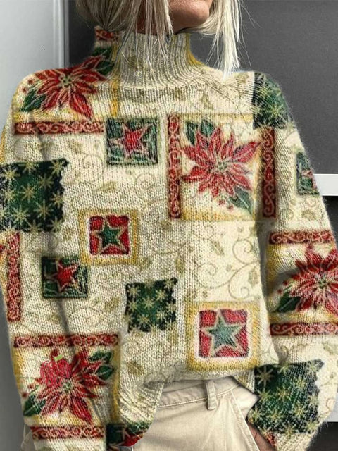 Christmas Art Print Knit Turtleneck Pullover Sweater