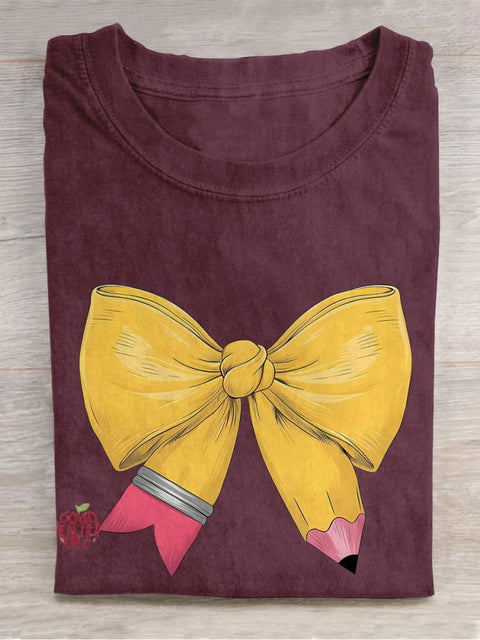 Coquette Pencil Bow Teacher Casual Print T-shirt