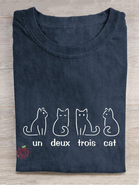 Un Deux Trois Cat French Teacher Casual Print T-shirt