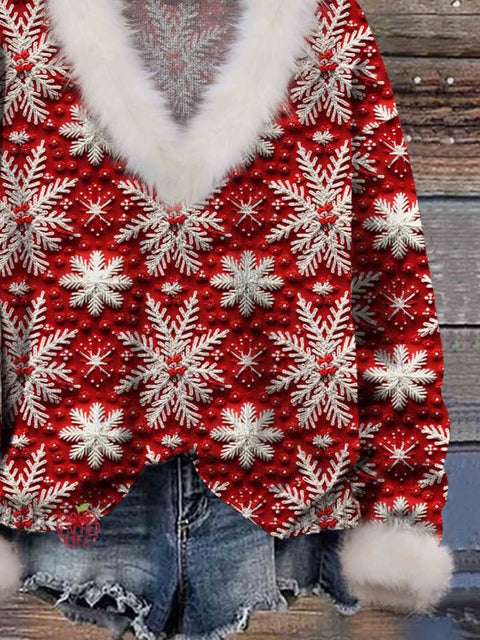 Christmas Snowflake Print Knit Pullover Fur Collar Sweater