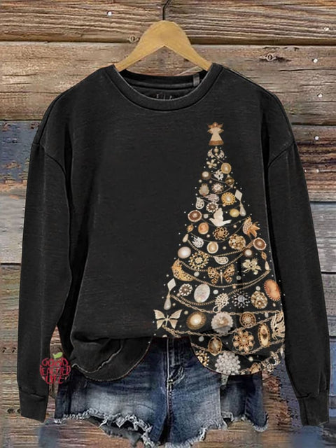 Baroque Jewelry Christmas Tree Print Casual Sweatshirt