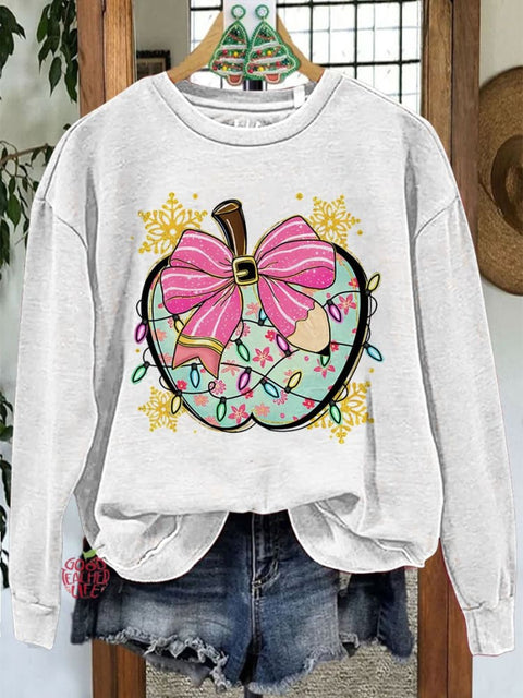 Colorful Glitter Apple Bow Teacher Merry Christmas Casual Sweatshirt