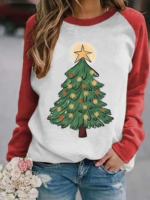 Women's Lovely Christmas Tree Art Print Casual Long Sleeve Sweatshirt