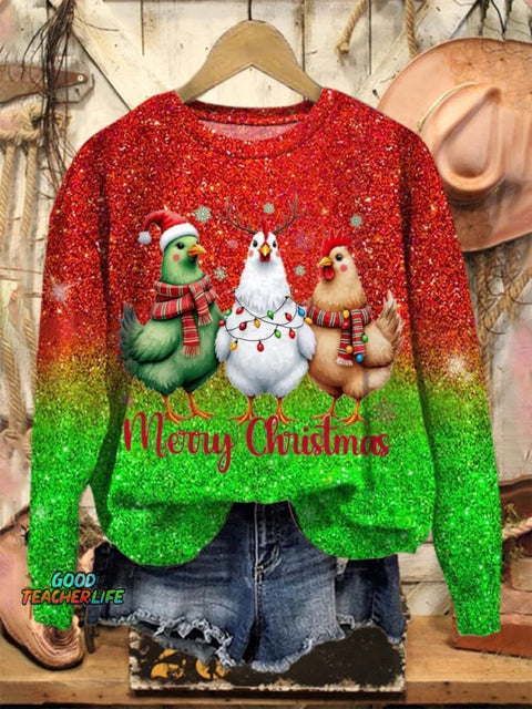 Lovely Christmas Chicken Art Print Casual Sweatshirt