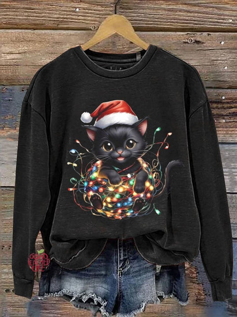 Christmas Black Cat Mood Light Pattern Print Casual Sweatshirt