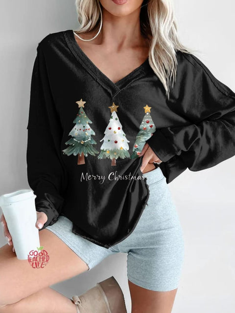 Women's Merry Christmas Tree Print Long Sleeve V-neck Comfortable Cotton Shirt