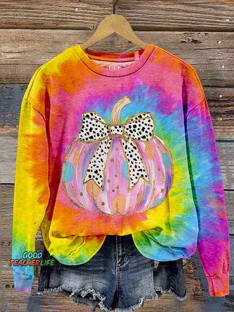 Iridescent Pumpkin Tie Dye Halloween Casual Print Sweatshirt
