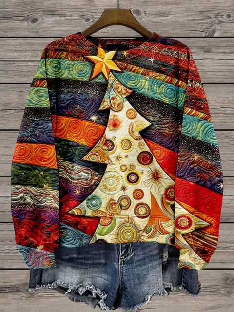 Merry Christmas Christmas Tree Color Block Casual Print Sweatshirt