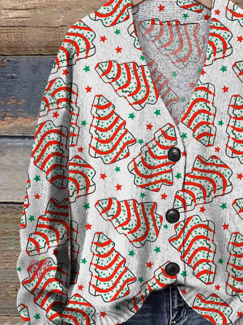 Christmas Trees Print Buttoned Cardigan Sweater