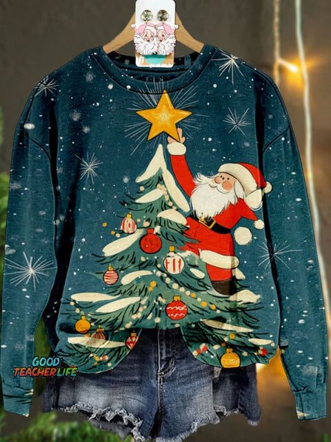 Santa Claus Decorating Christmas Tree Christmas Casual Print Sweatshirt
