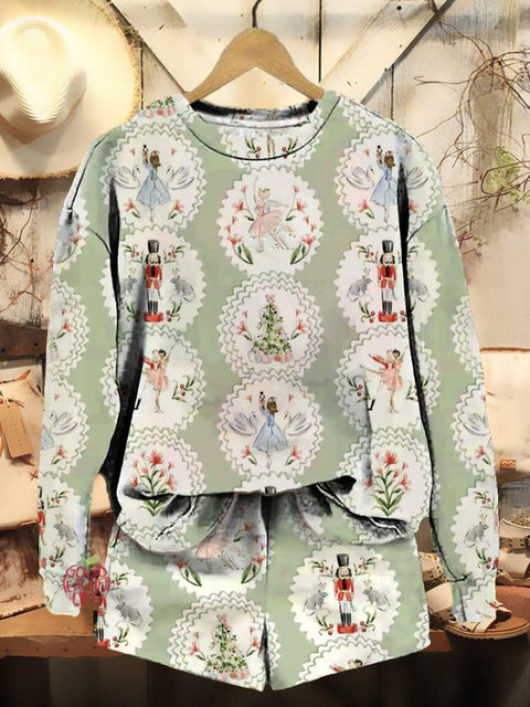 Women's Christmas Nutcracker Print Casual Sweatshirt Shorts Set