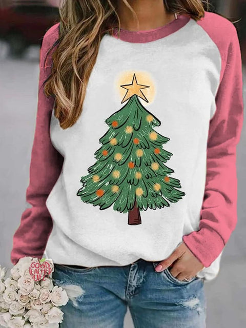 Women's Lovely Christmas Tree Art Print Casual Long Sleeve Sweatshirt