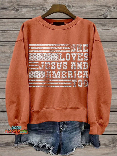 Retro USA She Loves Jesus And America Too Casual Print Sweatshirt
