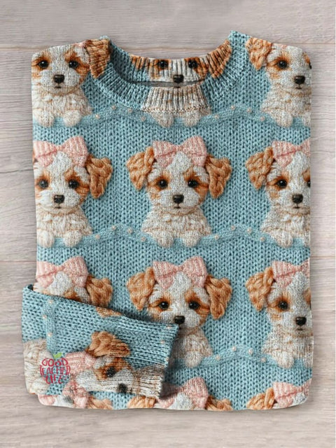 Cute Puppy Dog 3D Art Print Knit Pullover Sweater