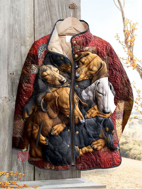 Women's Christmas Dachshund Print Casual Quilted Jacket