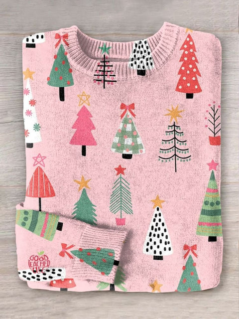 Pink Christmas Tree Art  Print Knit Pullover Sweater