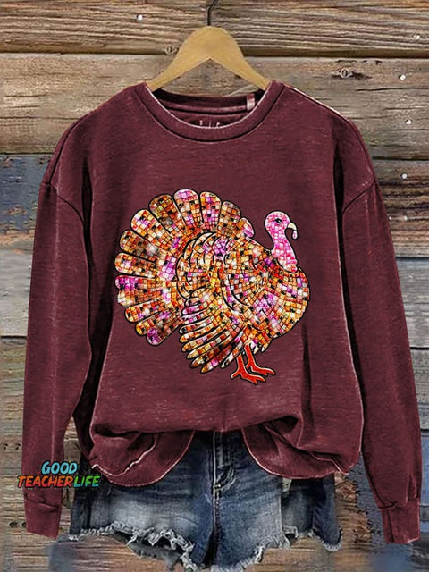 Thanksgiving Turkey Disco Ball Thanksgiving Casual Print Sweatshirt