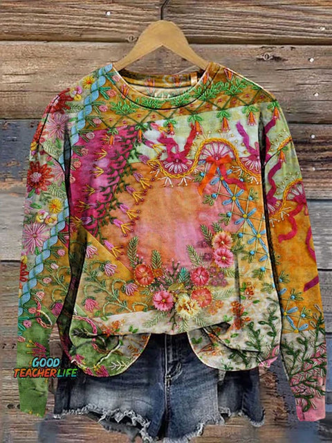 Retro Splicing Floral Pattern Casual Sweatshirt