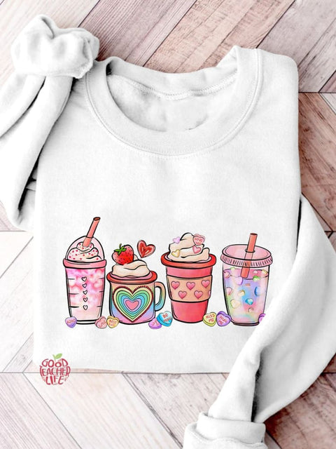 Valentine's Day Coffee Drinks Casual Print Sweatshirt