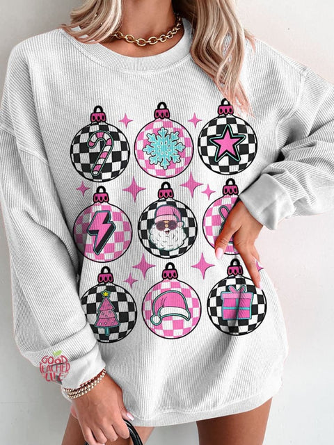 Groovy Christmas Pink Checkered  Women's  Casual Print Corduroy Sweatshirt