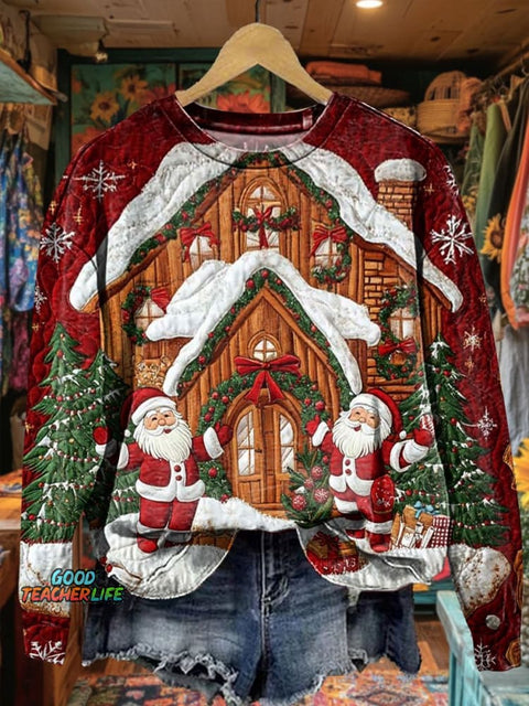 Women's Christmas Winter Santa Claus Textured Prints Casual Sweatshirt