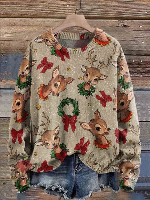 Christmas Red Bow Elk Round neck Fashionable Retro Casual Printed Sweater