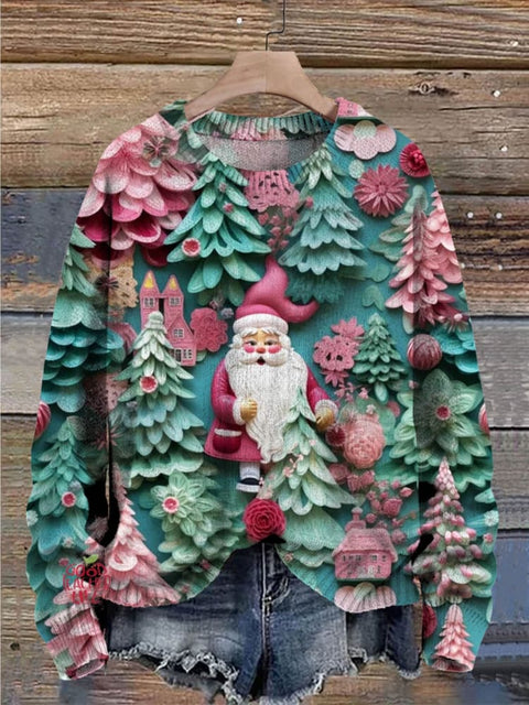 Christmas Cute Santa Floral Decorations Art Print Casual Knit Pullover Sweater