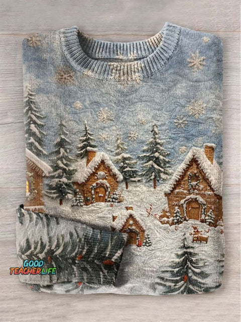 Christmas Snow scenery patchwork Print Knit Pullover Sweater