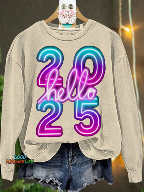 New Year Neon Hello 2025 Casual  Sweatshirt