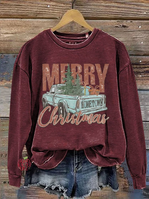 Merry Christmas Car Christmas Tree Print Casual Sweatshirt