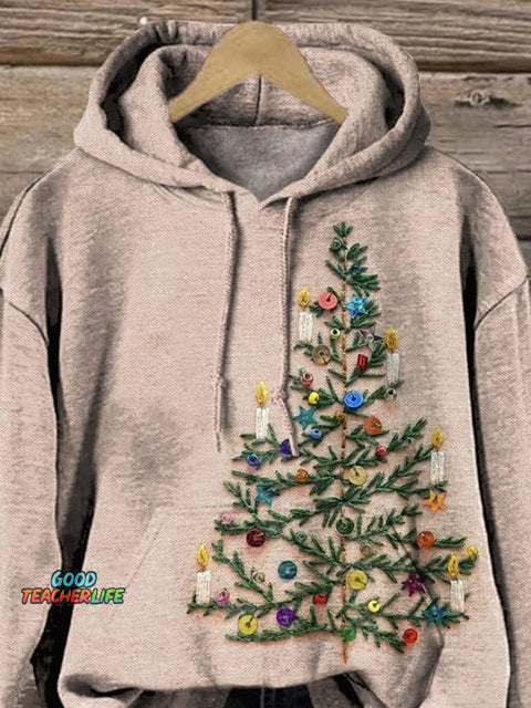 Embroidery Christmas Tree Art Printed Casual Sweatshirt
